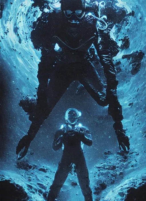 Image similar to astronauts in dark and empty void underwater - complex and hyperdetailed suit. reflection and dispersion materials. rays and dispersion of light. volumetric light. 5 0 mm, f / 3 2. noise film photo. flash photography. ultra realistic, wide angle. poster by wayne barlowe, hajime sorayama aaron horkey, craig mullins. dark key.