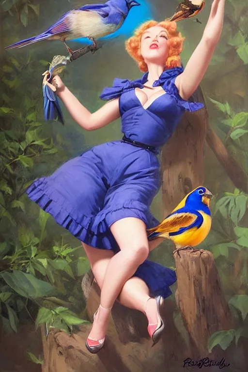 Image similar to hyper realistic painting, pinup girl holding an indigo bunting, bird, the bird is wearing a bowtie, by greg rutkowski, rossdraws, gil elvgren, enoch bolles, anime, artgerm, porcelain skin, glistening, very coherent,