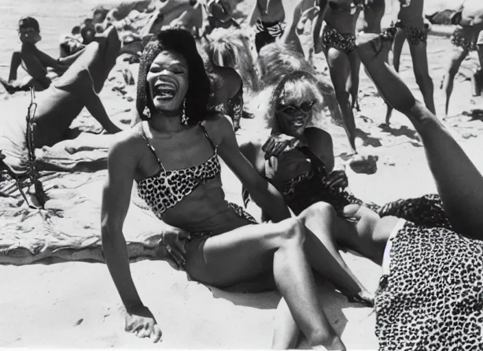 Prompt: polaroid eartha kitt in a leopard swimsuit and marsha p johnson in a pink swimsuit laughing together on a beach