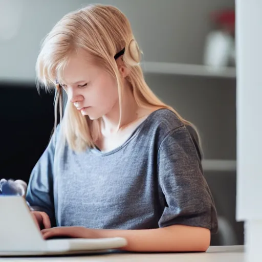 Image similar to finnish girl in pyjamas working on computer, tired bags around eyes, photograph 8 k flikr