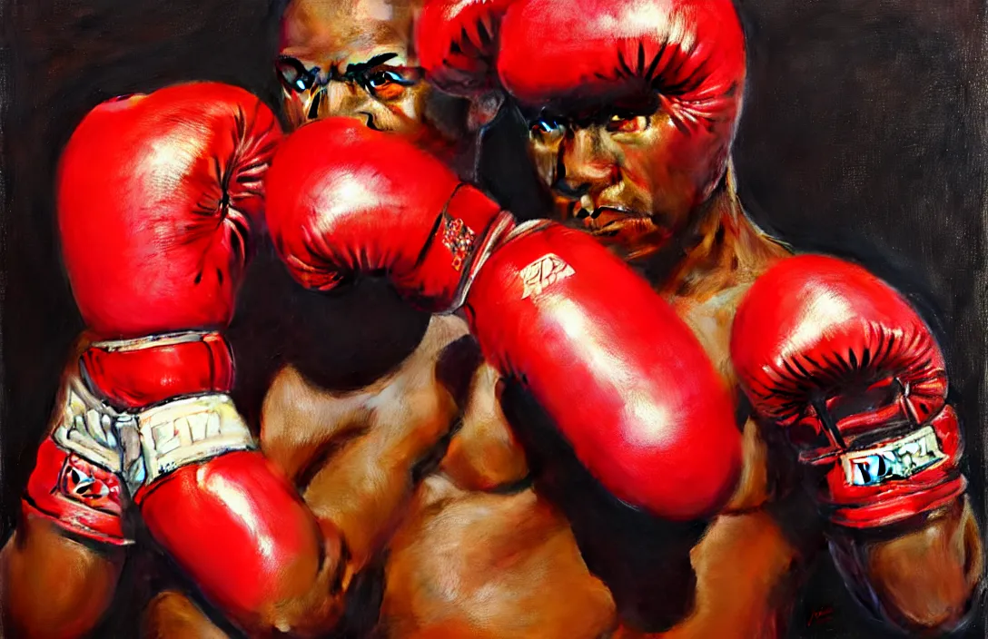 Image similar to an african american boxer with red boxing gloves!!!!!!!!!!!!!!!!!!!!!!!!!!!, detailed face, detailed painting, epic lighting, by ilya repin, phil hale and kent williams