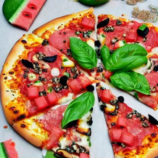 Prompt: pizza made from watermelon with seeds