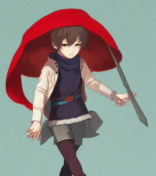 Image similar to attractive little boy character inspired in little red riding hood and venti from genshi impact, digital artwork made by akihiko yoshida and makoto shinkai