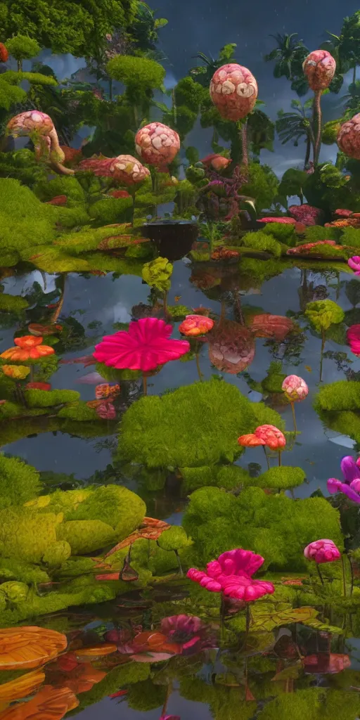 Image similar to alien flowers on a groovy biome warner bros, smooth, cinematic, wet reflections, ray tracing x, rtx, smooth