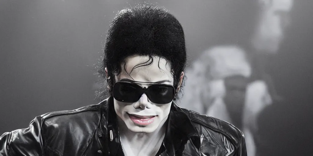 Prompt: michael jackson by himself 2 0 0 9 style wearing shades, studio solo, this is it style, photo real, pores, motion blur, solo, by himself, heroic pose, real life, spotted, ultra realistic face, accurate, 4 k, movie still, uhd, sharp, detailed, cinematic, render, modern