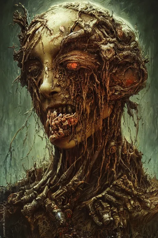 Prompt: very complex hyper-maximalist overdetailed cinematic darkfantasy portrait of a rotting bog mummy by andrei riabovitchev, tomasz alen kopera, oleksandra shchaslyva. Omnious intricate, octane, Deviantart, hyper detailed illustration, 8k