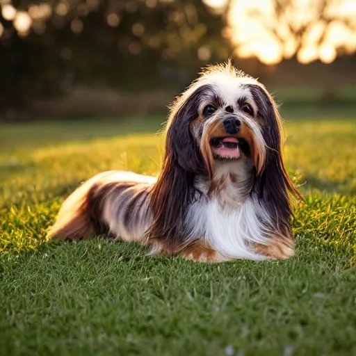 Prompt: a cute mutt who is half long haired dachshund and half shih tzu, brindle, laying under a tree on a farm, golden hour, promised land