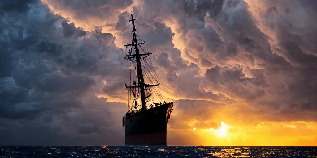 Prompt: medieval woman ship pilot from behind standing at the bow of a ship at sea, dramatic dark glowing golden neon sunset with thick wall of storm clouds and turbulant seas with land in the distance