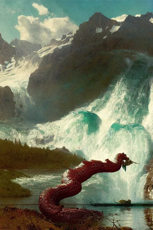 Image similar to a sea serpent emerges from lake in canadian rockies, water splashes cascades, beautiful day, by albert bierstadt, ruan jia, lawrence alma tadema, zdzislaw beksinski, carl spitzweg, everett raymond kinstler, norman rockwell, jack kirby, tom lovell, greg staples