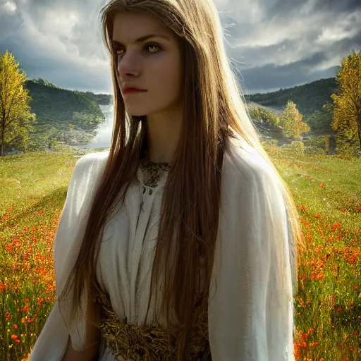 Image similar to photo portrait of a beautiful pagan scandanavian female, depth of field, zeiss lens, detailed, symmetrical, centered, by edward robert hughes, connor hibbs, annie leibovitz and steve mccurry, david lazar, jimmy nelsson, breathtaking, 8 k resolution, extremely detailed, beautiful, establishing shot, artistic, hyperrealistic, beautiful face, octane render