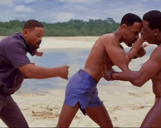 Image similar to will smith fighting with chris rock at muddy pool in trunks 4k