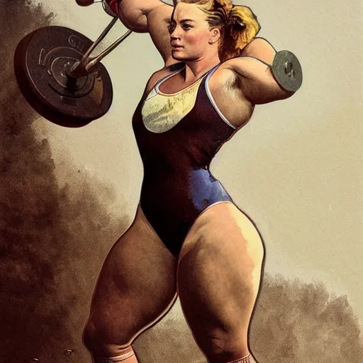 Image similar to socialist realism propaganda poster of margot robbie as beautiful female weightlifter, socialist realism, highly detailed, intricate, digital painting, artstation, sharp focus, illustration, art by jakub rozalski, greg rutkowski, artgerm, tan zi and ayanamikodon and alphonse mucha and wlop