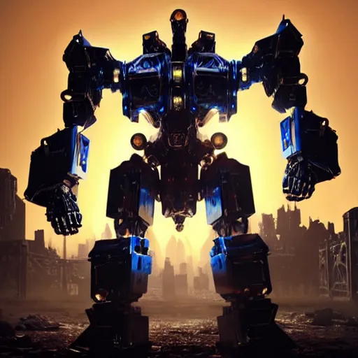 Image similar to a shiny ornate boxing humanoid mecha in ruin city, victory, bright, by war robots, real steel ( 2 0 1 1 ), westworld and eve venture and pacific rim and machine warrior 5, cryengine, frostbite 3 engine, scarlet and yellow scheme, sharp focus, 8 k, high definition, insanely detailed, soft lighting, smooth face