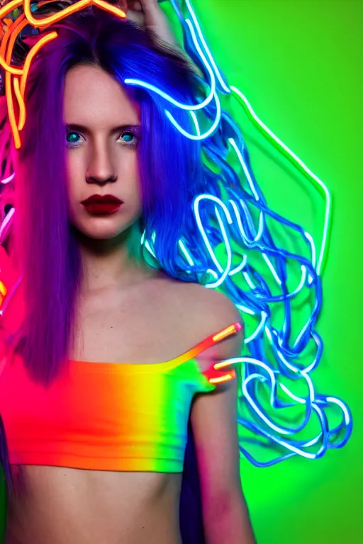 Image similar to a award winning half body portrait photograph of a beautiful woman with stunning eyes in a croptop and cargo pants with rainbow colored hair, routlined by whirling illuminated neon lines, outrun, vaporware