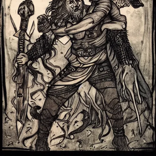 Image similar to odin with huggin and munning on his shoulders walking through the sea of death, followed by the valkyries. he is holding gungir in his right hand