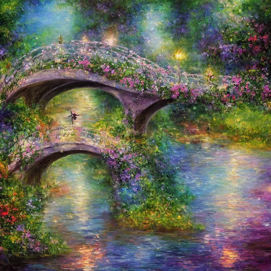 Prompt: fairyland bridge, outside of time and space, dreamy, romantic, expressive impressionist style, highly detailed, 8 k