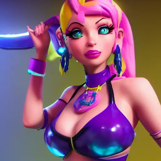 Prompt: still of pretty Jinx (League of Legends) in KDA music video. 3d render, octane render, game art, realistic, highly detailed, trending on artstation, 4k, trending on artstation, pixar, cgsociety, unreal engine 5, redshift render, trending on artstation, blender, behance, cg