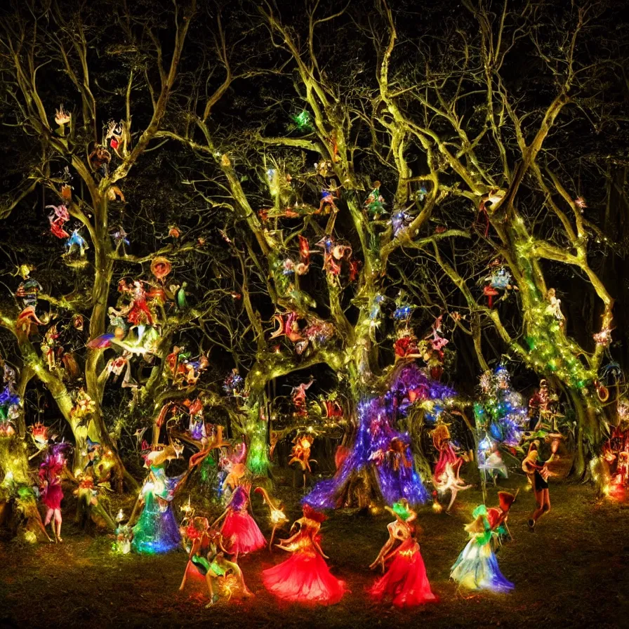 Image similar to photography award of a night carnival fairies around a magical tree, christmas lights, creatures and fantastic people disguised as fantastic creatures in a magical forest by summer night, masterpiece photography by gregory crewdson and john anster fitzgerald, volumetric lightning