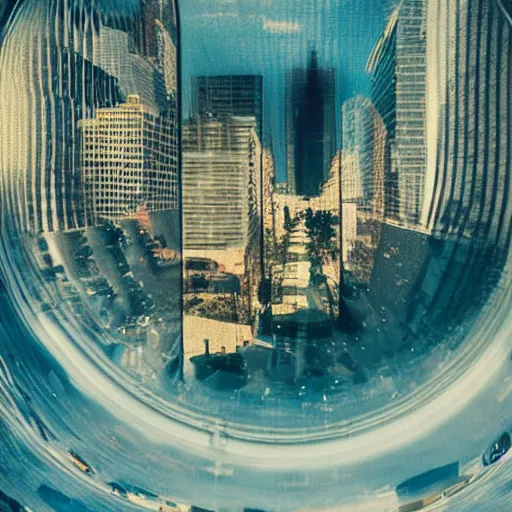 Image similar to huge city inside a water bubble, via tilt shift photography