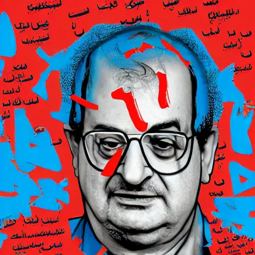 Prompt: salman rushdie in the style of daniel johnston and outsider art, 4 k, overlaid with arabic text