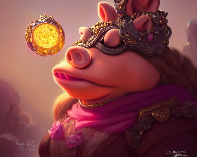 Image similar to miss piggy photography of kurzgesagt, deep focus, d & d, fantasy, intricate, elegant, highly detailed, digital painting, artstation, concept art, matte, sharp focus, illustration, hearthstone, art by artgerm and greg rutkowski and alphonse mucha