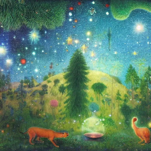 Image similar to psychedelic small cats hidden lush pine forest, outer space, milky way, designed by arnold bocklin, jules bastien - lepage, tarsila do amaral, wayne barlowe and gustave baumann, cheval michael, trending on artstation, star, sharp focus, colorful refracted sparkles and lines, soft light, 8 k 4 k