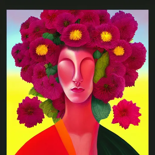 Image similar to huge flower as head, woman standing in a field, surreal, flat light, painting, digital painting, artstation, georgia o'keeffe