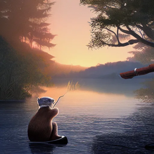 Image similar to painting of Otter in hat with fishing rod, fishing in river on boat near morning forest, stylized, octane render, Ghibli style