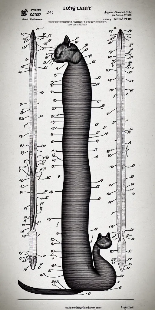 Image similar to anatomically correct scheme of the long cat, highly detailed, patent illustration, digital illustration, symmetry, concept art, smooth, sharp focus