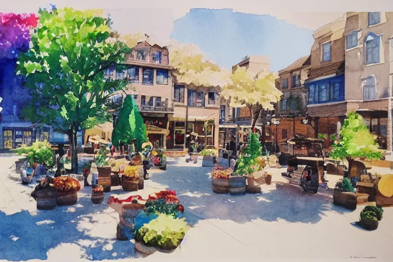 Image similar to watercolor townsquare in a sunny day, artwork by tooth wu, colorful high contrast,!! very coherent!!, dark shadow, thick lineart