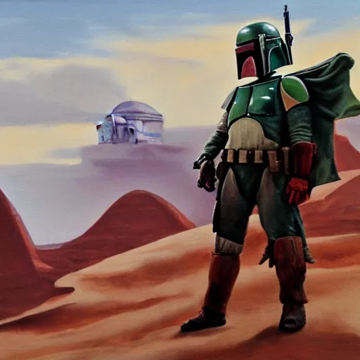 Image similar to Boba Fett looking at a giant cliff on Tatooine, oil painting