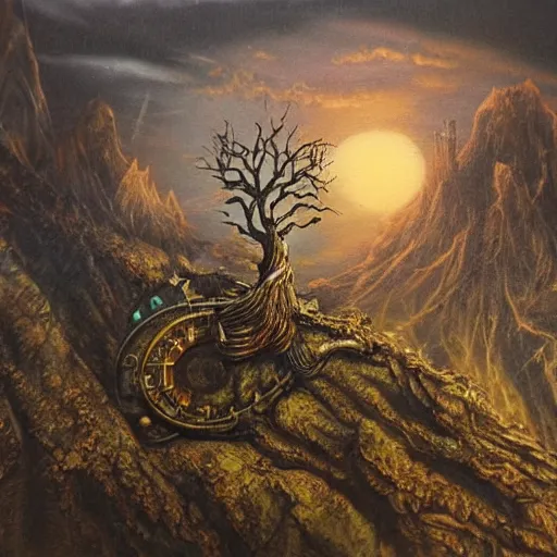 Image similar to steampunk ent from lord of the rings, nautilus, realistic, high detail, dark, natural mountainous background with setting sun, smoke in sky