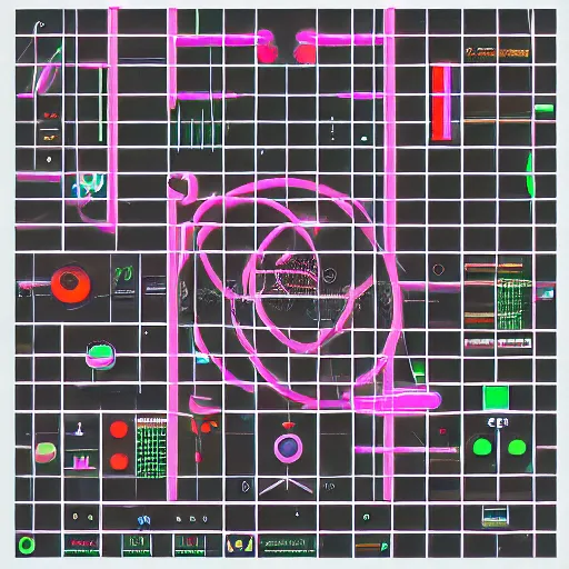 Image similar to modular synthesizer electronic music organicly sketched in a future retro style of minimal graphic design of the 1960’s educational system schematic of sound waves but as a cyberpunk pop art with neons