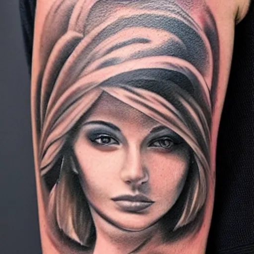 Prompt: tattoo design of a beautiful girl next face to a beautiful mountain scenery, hyper realistic