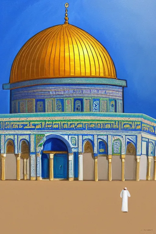 Image similar to a beautiful painting of dome of the rock jerusalem and f a muslim is praying in front of it, trending on artstation