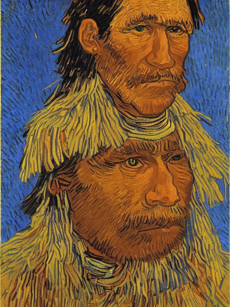 Image similar to Chief of the Native American tribe, portrait by Van Gogh