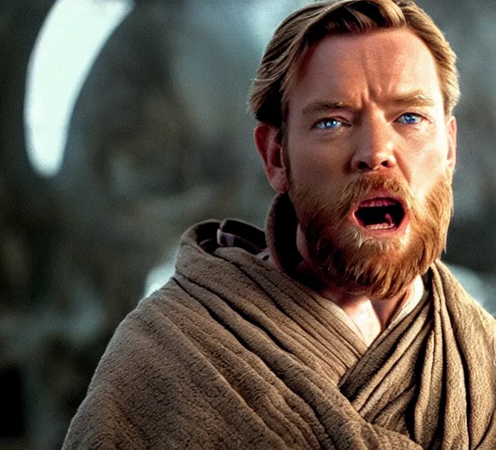 Image similar to still image of obi - wan kenobi making a funny face, ewan mcgregor, live - action, star wars movie, cinematic