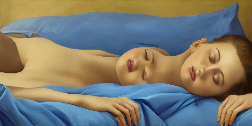 Prompt: beautiful oil matte portrait painting, young woman with closed eyes lying on a red bedsheet with blue pillows wearing a mustard yellow dress, detailed face, wonderful masterpiece, highly detailed, beautiful cinematic light, deep focus, elegant, digital painting, smooth, sharp focus, golden ratio, dramatic illumination, ultra realistic, 8 k, art by jimmy law and caravaggio