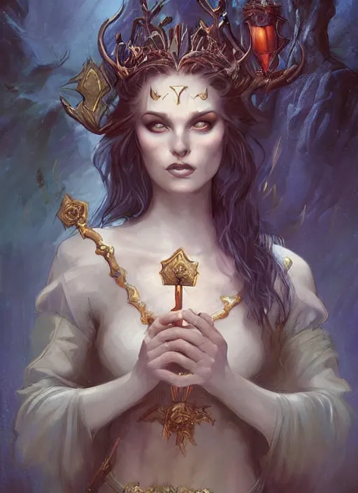 Image similar to tarot!!, fairy queen, fantasy medieval, no noise, elegant, concept art, sharp focus, beautiful face!!, digital art, smooth defined outlines!!, by Brom, trending on Artstation, Tom Bagshaw, Sargent