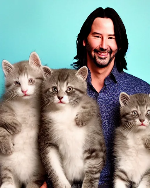 Image similar to “ head and shoulders glamour portrait of keanu reeves smiling at the camera and cradling four kittens in his arms, pastel colored glittery background, extremely high quality photo, studio lighting, 8 k, hd, hdr ”