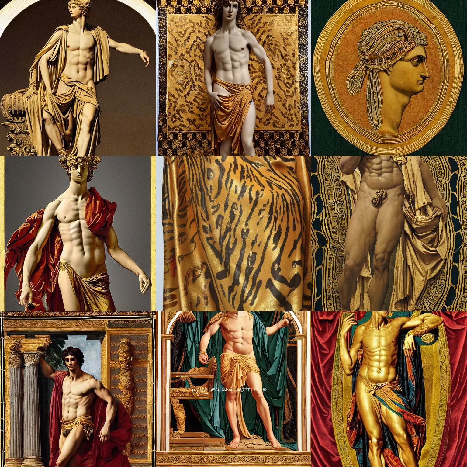 Prompt: ancient greek philosphers wearing modern gucci versace intricate detailed tiger print gold designed textile chiton himation cloak tunic jacques - louis david michelangelo