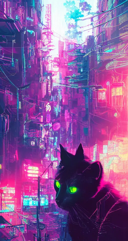 Image similar to a detailed matte painting of a neon cat under a black light with red led eyes, the cat is in a intricately detailed neo neon cyberpunk Japanese city, the angel of death with a halo, colorful background not limited to children, by Ismail Inceoglu , concept art, featured on cgsociety