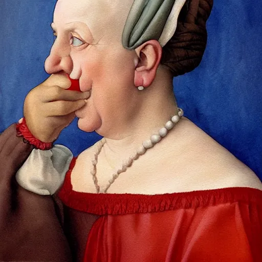 Prompt: a very funny stylize oil painting in renaissance style of a sweet fat old woman kissing her reflection. symmetry face, red mouth, blue eyes. flowery dress. hyper realistic scene. 3 d, octane render, deep focus, white scene. very funny and sweet image. unreal engine. watercolor. fellini style. poster quality. da vinci painting style.