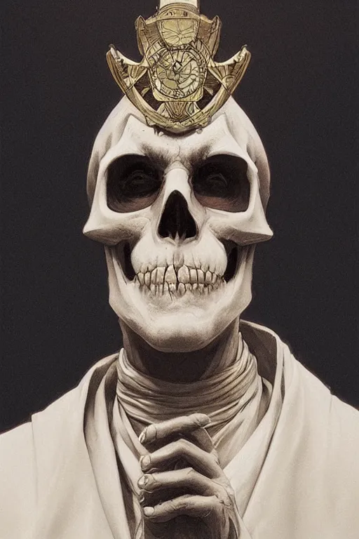 Prompt: portrait of an evil pope with skull face paint plotting against humanity, highly detailed, digital painting, artstation, concept art, sharp focus, illustration, art by artgerm and greg rutkowski and alphonse mucha