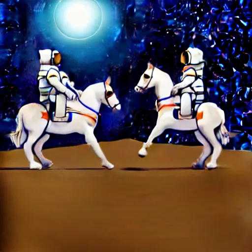 Image similar to an astronaut standing on the ground and a small trippy aggressive centaur standing on that poor human being standing on all fours astronaut raising his arms up, really trying to ride it, the horse is on his shoulders and grabbing them, minimalist style, 3 d render, isometry