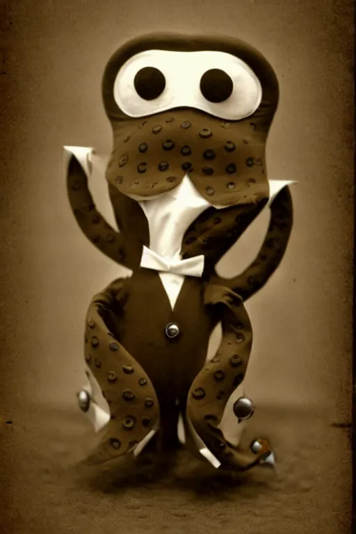 Prompt: anthropomorphic octopus , wearing a suit, vintage photograph, sepia