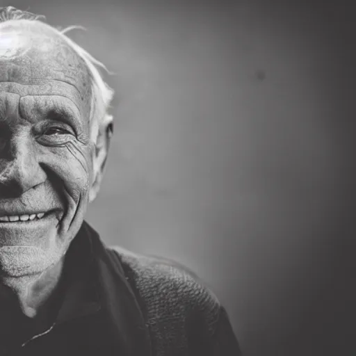 Image similar to an smiling old man standing in the dark with dramatic lighting