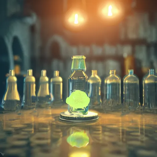 Prompt: the alchemist in his laboratory, countles potion bottles glowing in the dark, octane render, trending on artstation, artstationHD, artstationHQ, unreal engine, 8k