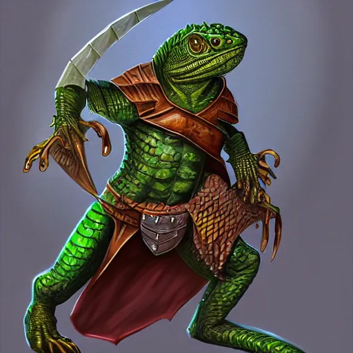 Image similar to lizard wearing rogue armor, Lizardman thief, D&D, digital painting, highly detailed, concept armor, sharp focus