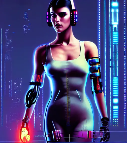 Image similar to cable inserted into head, jacked into cyberdeck wrist terminal, very very beautiful cyberpunk woman, computer, 1 9 7 9 omni magazine cover, style by vincent di fate, cyberpunk 2 0 7 7, very coherent, detailed, 4 k resolution, unreal engine, daz